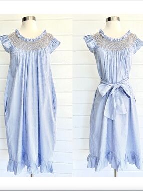 LORETTA CAPONI Firenze Delfina Smocked Midi Dress in Blue Gingham - XS